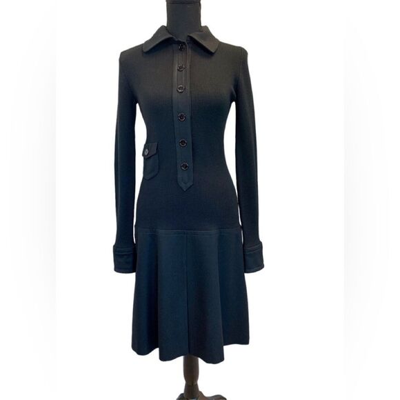 Akris Punto black ribbed knit long sleeve pleated wool dress Sz 4 NWOT - Picture 14 of 14